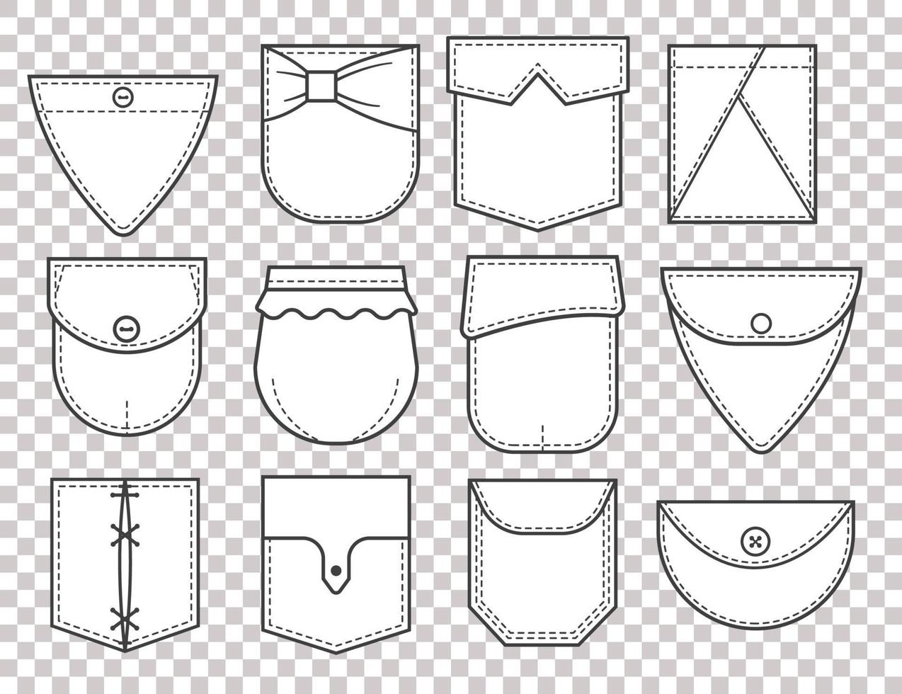 ensemble de patchs de poche. éléments pour vêtements, robes et chemises de style uniforme ou décontracté. illustration vectorielle de ligne vecteur