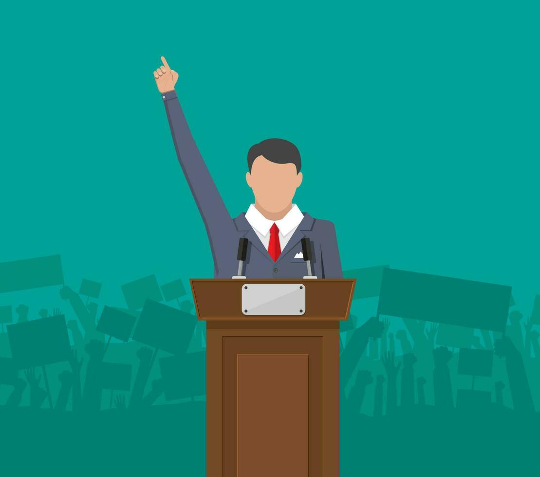 Publique orateur politicien sur le podium dans de face de une foule silhouette. vecteur illustration dans plat style