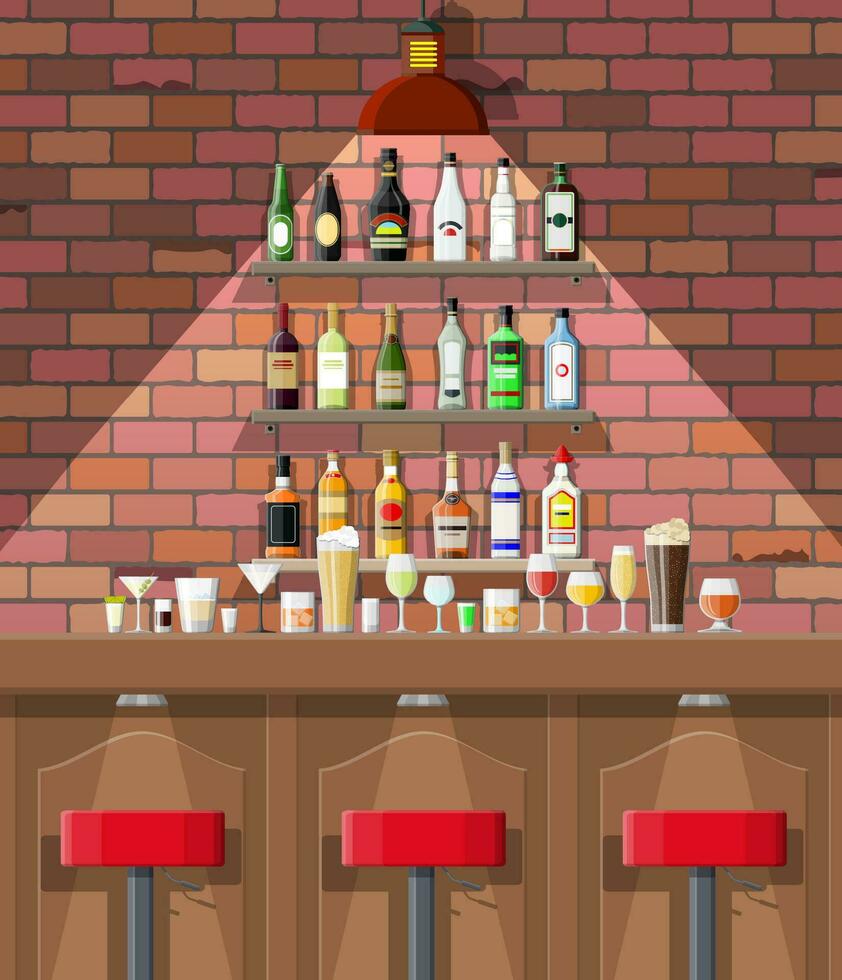 en buvant établissement. intérieur de pub, café ou bar. bar comptoir, chaises et étagères avec de l'alcool bouteilles. des lunettes et lampe. en bois et brique décor. vecteur illustration dans plat style.