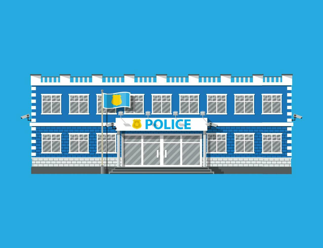 police station bâtiment. Sécurité appareils photo, drapeau avec police symbole. loi, protection. vecteur illustration dans plat style