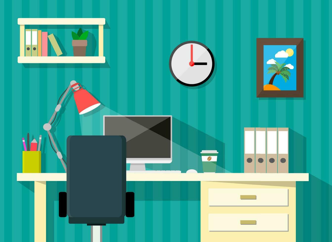 moderne Accueil ou affaires espace de travail. bureau, papiers, horloge, bureau ordinateur personnel, café tasse, lampe, stylo, image Cadre avec paume et Soleil. vecteur illustration dans plat conception