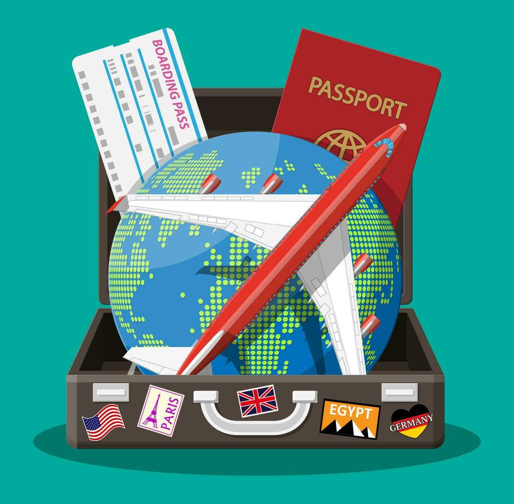 Voyage valise avec autocollants de pays et villes tout plus de le monde. globe avec Voyage destinations. avion, billet et passeport. vacances et vacances. vecteur illustration dans plat style