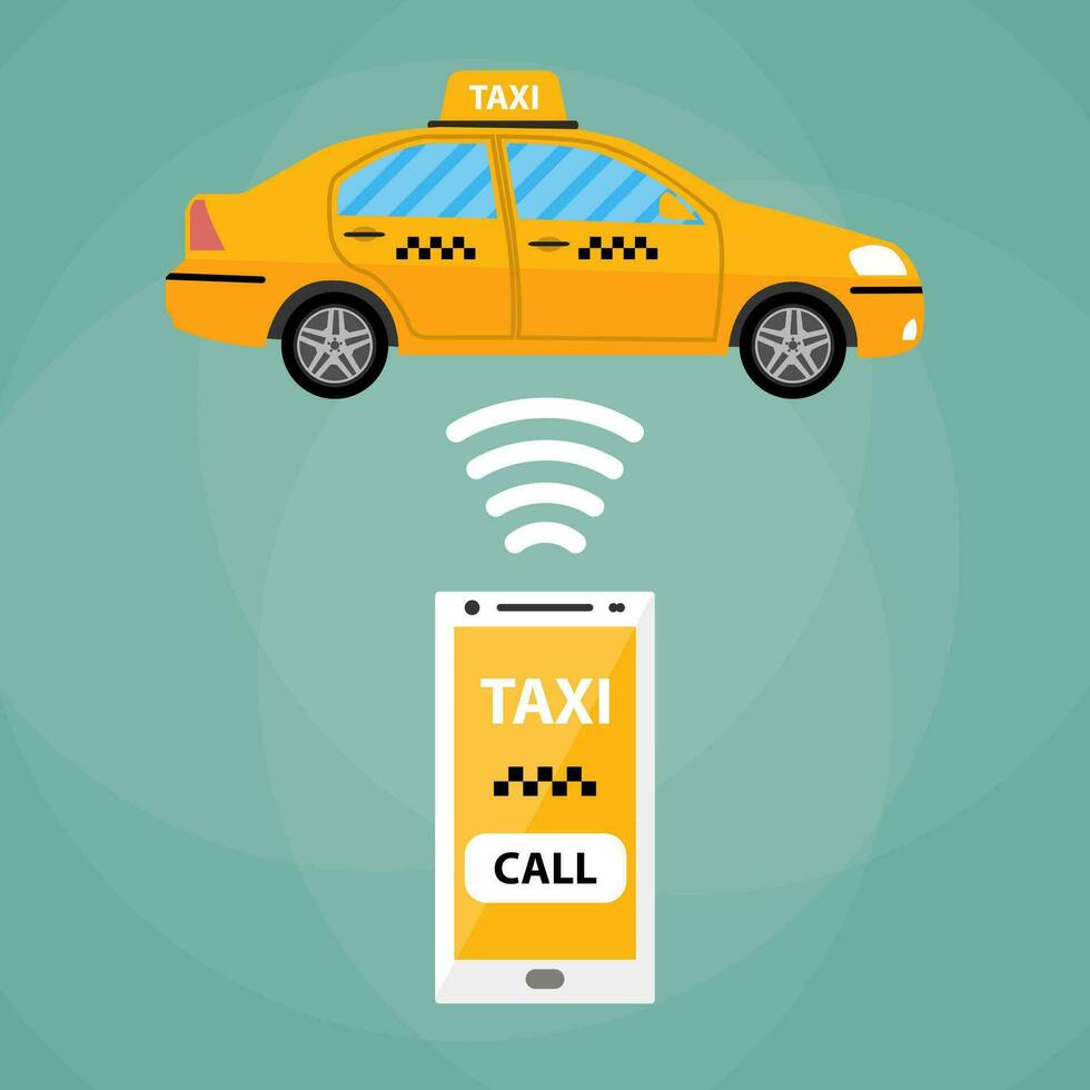 Taxi mobile app concept. blanc téléphone intelligent avec mobile app et Jaune Taxi auto. Taxi pour téléphone intelligent. appel Taxi. Taxi auto. vecteur illustration dans Facile plat conception sur vert Contexte