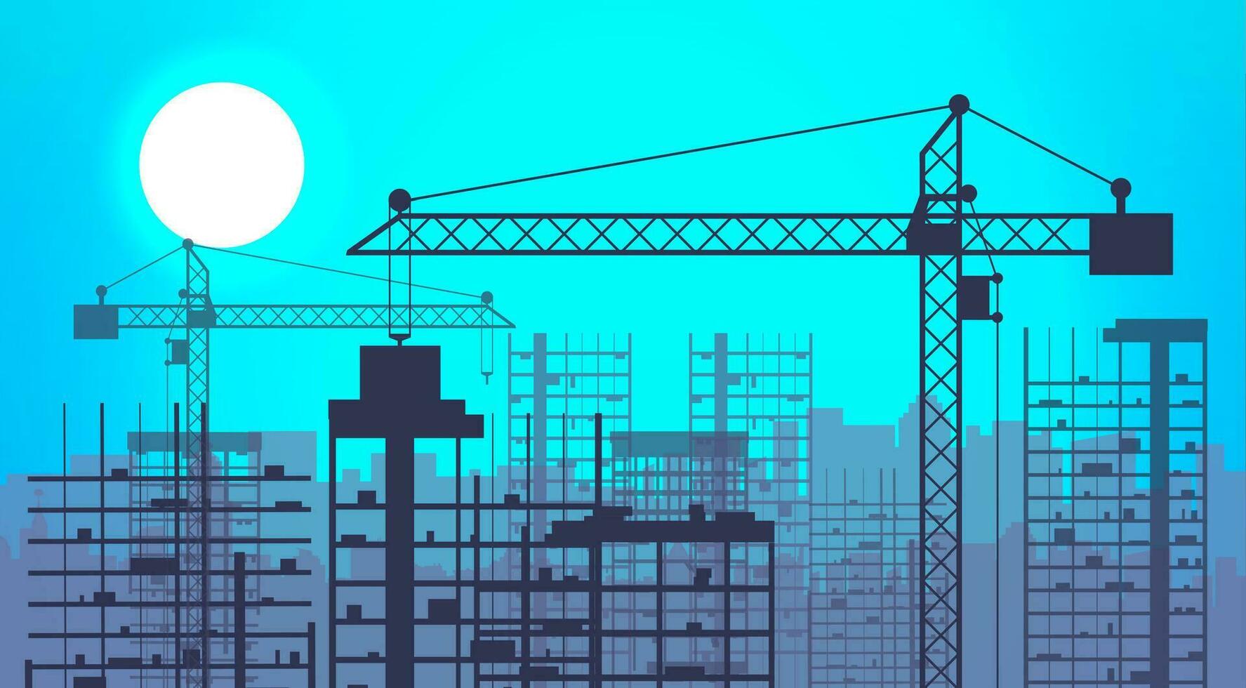 construction site avec bâtiments et grues. gratte-ciel en dessous de construction. vecteur illustration sur bleu ciel Contexte avec Soleil