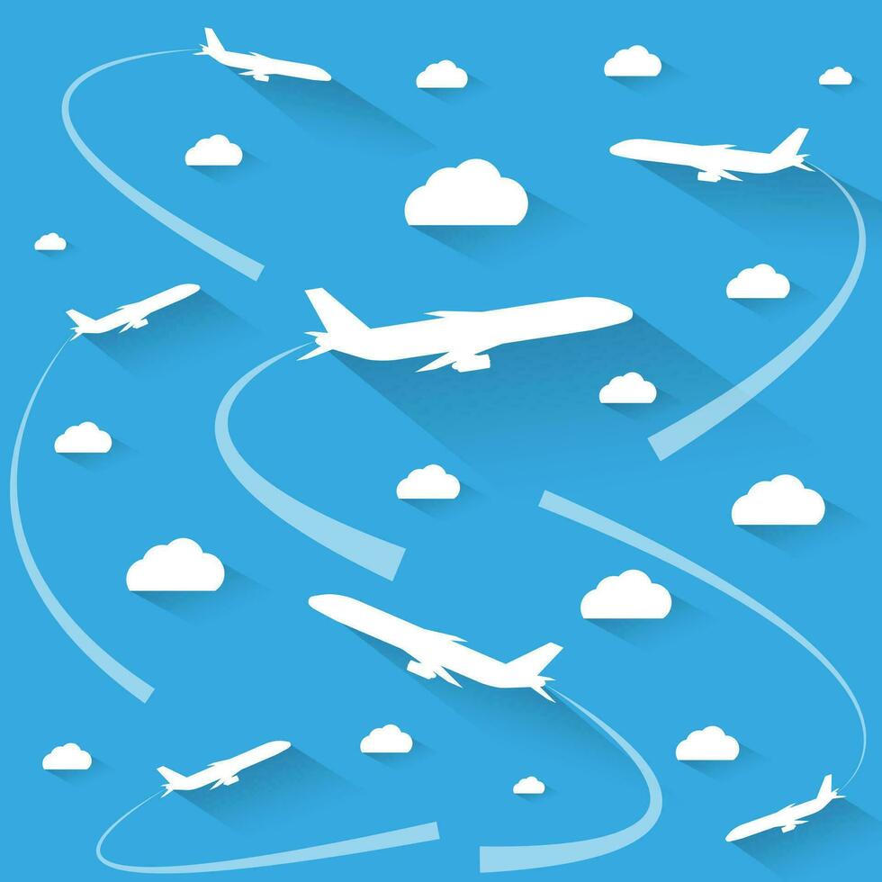 abstrait blanc Avions et des nuages avec longue ombres sur bleu Contexte. vecteur illustration. Voyage concept