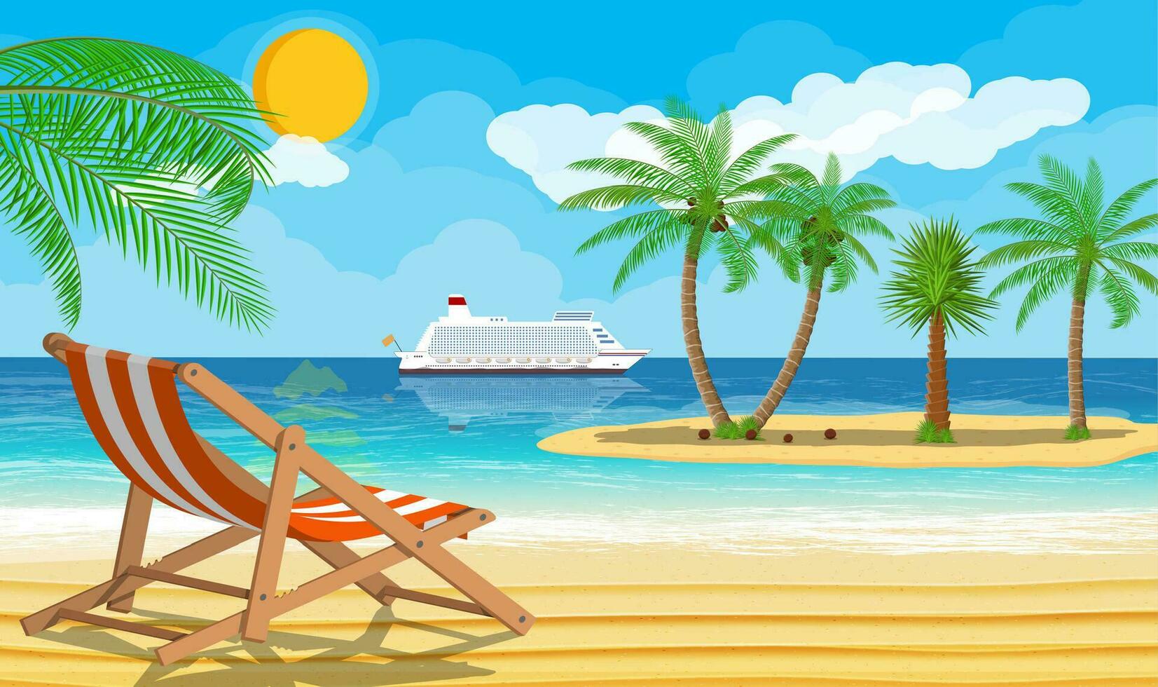 paysage de en bois cabriolet salon, paume arbre sur plage. île avec tropical des arbres. croisière doublure bateau. Soleil avec réflexion dans l'eau et des nuages. journée dans tropical lieu. vecteur illustration dans plat style