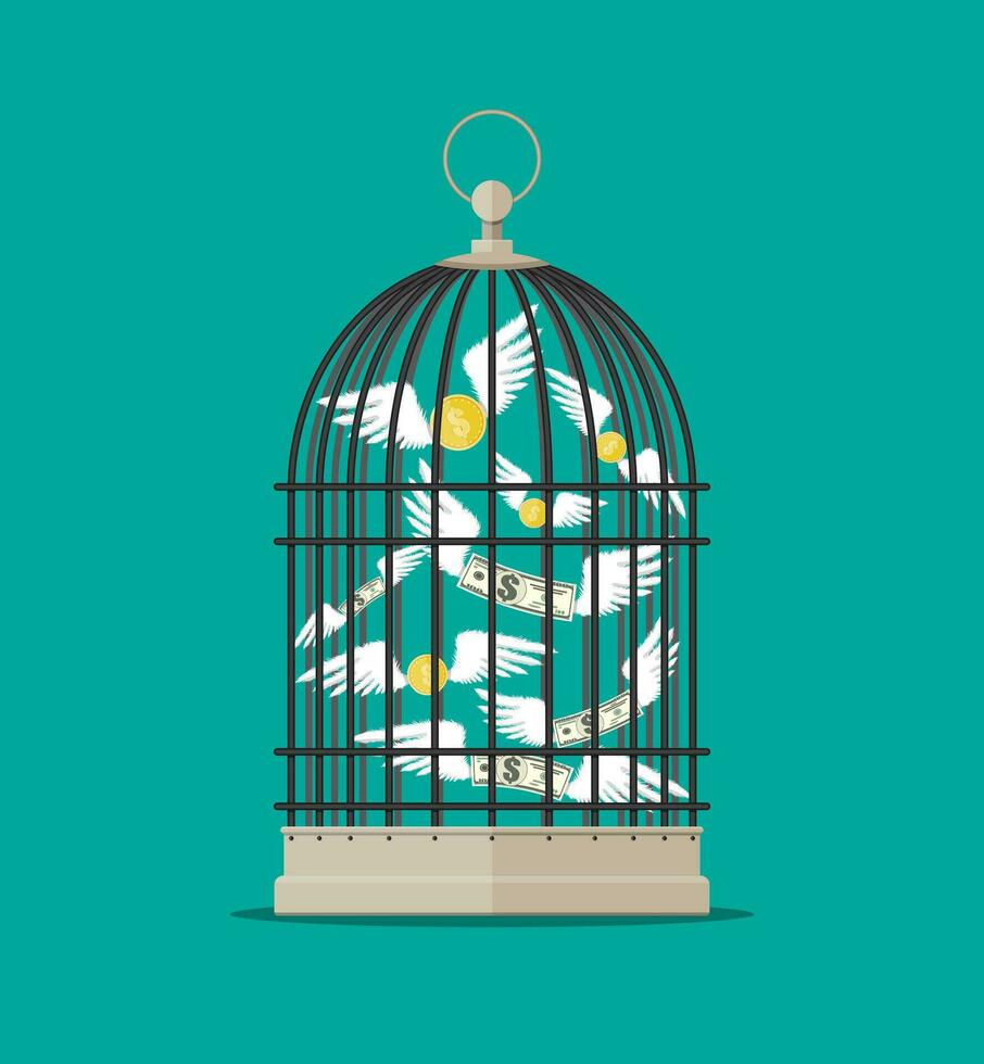 oiseau cage avec en volant argent. investissement et des économies. vecteur illustration dans plat style