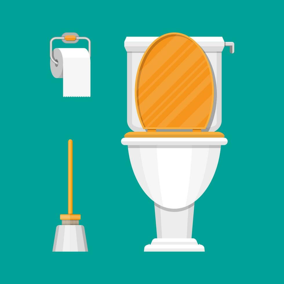 toilette en céramique blanche, papier toilette et brosse de toilette. ensemble de toilettes modernes de style plat. illustration vectorielle vecteur