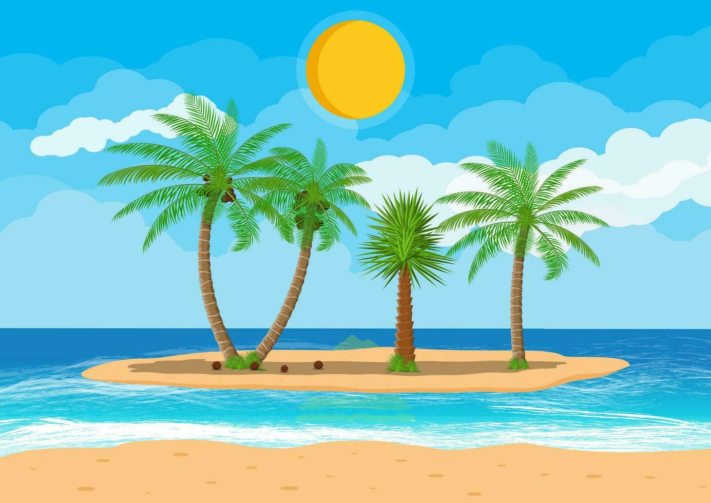 paysage de paume arbre sur plage. Soleil avec réflexion dans l'eau et des nuages. journée dans tropical lieu. vecteur illustration dans plat style