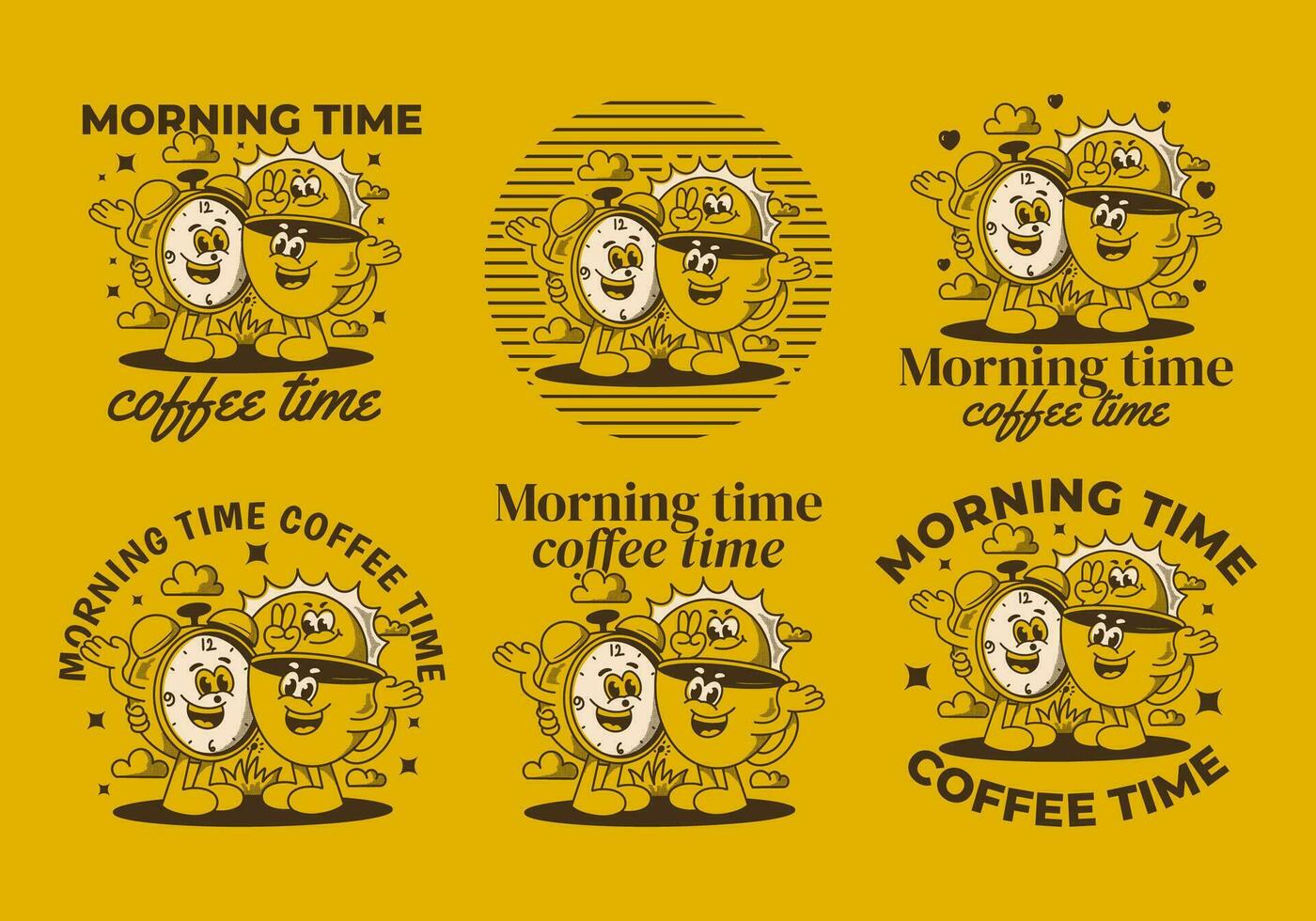 Matin temps, café temps. mascotte personnage de café tasse, alarme l'horloge et une Soleil vecteur