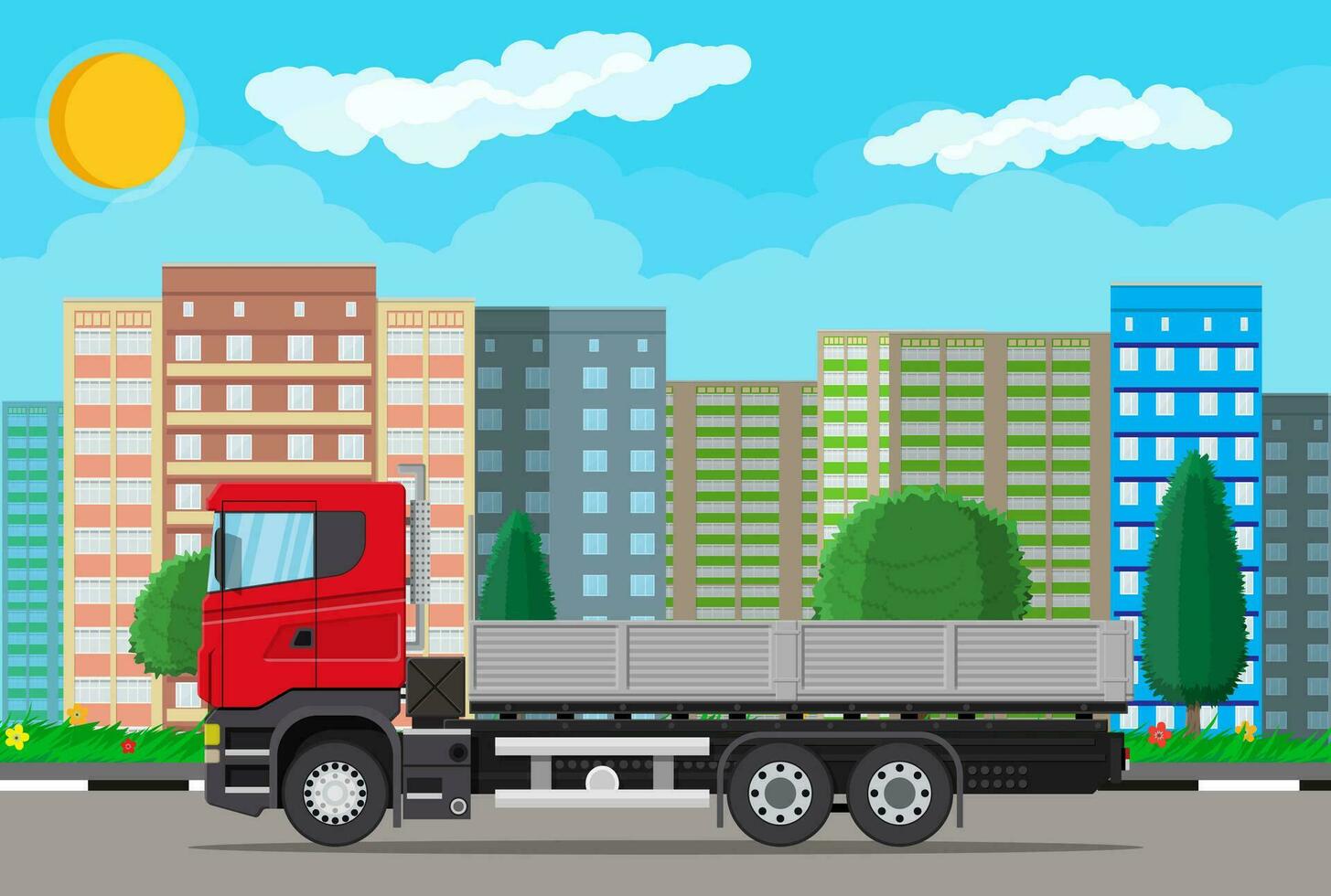 cargaison livraison un camion avec Plate-forme sur ville rue. livraison et livraison de marchandises. voiture pour transport. bande annonce véhicule. paysage urbain, bâtiment, arbre. vecteur illustration dans plat style