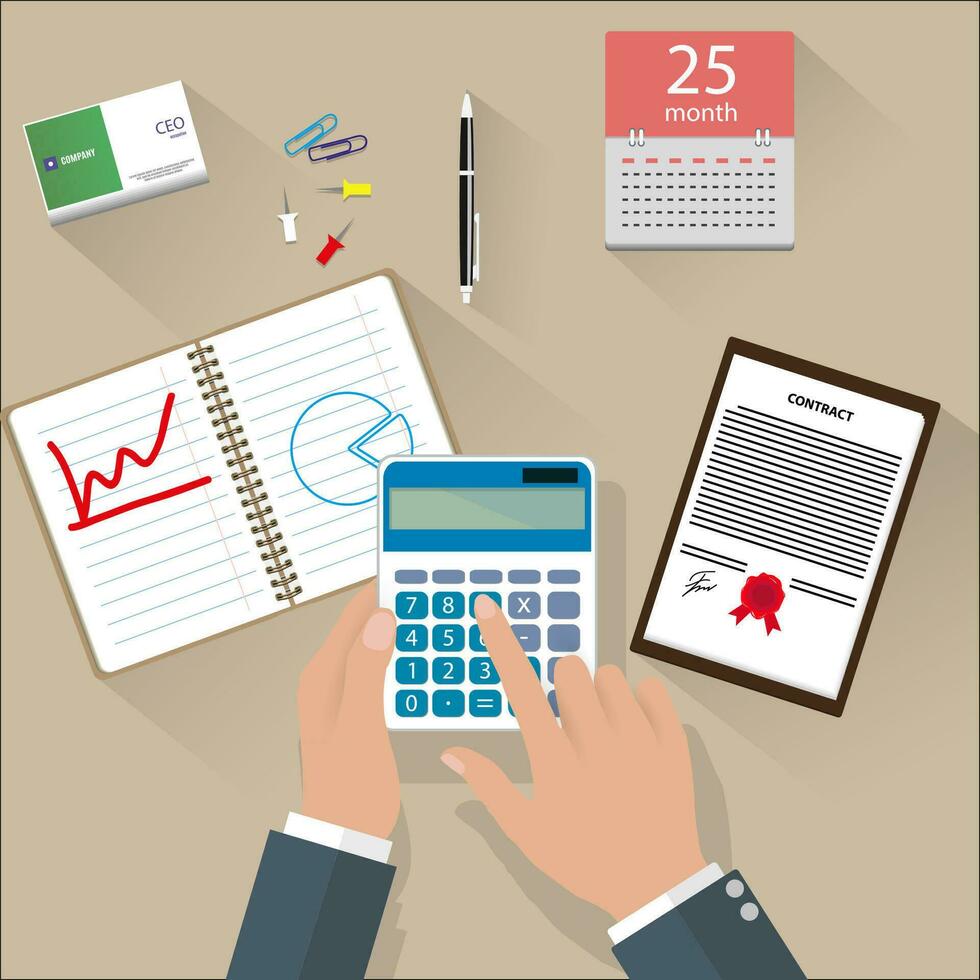 concept de entreprise finance, affaires gestion, financier Planification avec Haut vue Bureau bureau, calculatrice, calendrier, financier les documents et homme d'affaire main, stylo. vecteur illustration dans plat conception