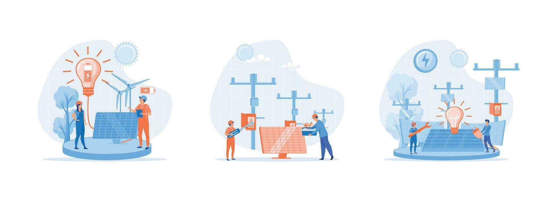 solaire énergie panneau installation, panneau ou vent turbine entretien avec Accueil un service équipe pour électricité réseau opération, renouvelable énergie. solaire énergie panneaux ensemble plat vecteur moderne illustration