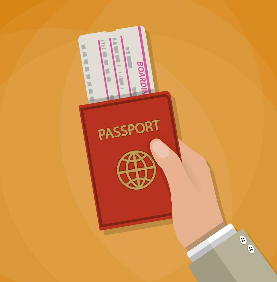 main en portant embarquement passer et passeport. Voyage concept. vecteur illustration dans plat conception, sur Orange Contexte