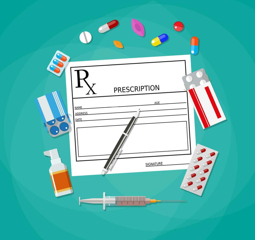 ordonnance et stylo. pilules, gélules, seringue, comprimés. soins de santé, hôpital et médical Diagnostique concept. vecteur illustration dans plat style
