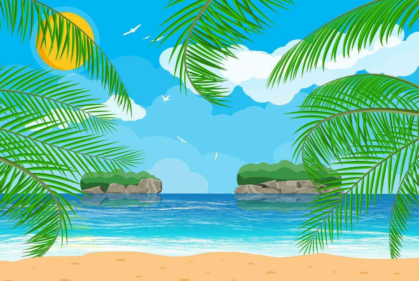 paysage de paume arbre sur plage. Soleil avec réflexion dans l'eau et des nuages. journée dans tropical lieu. vecteur illustration dans plat style