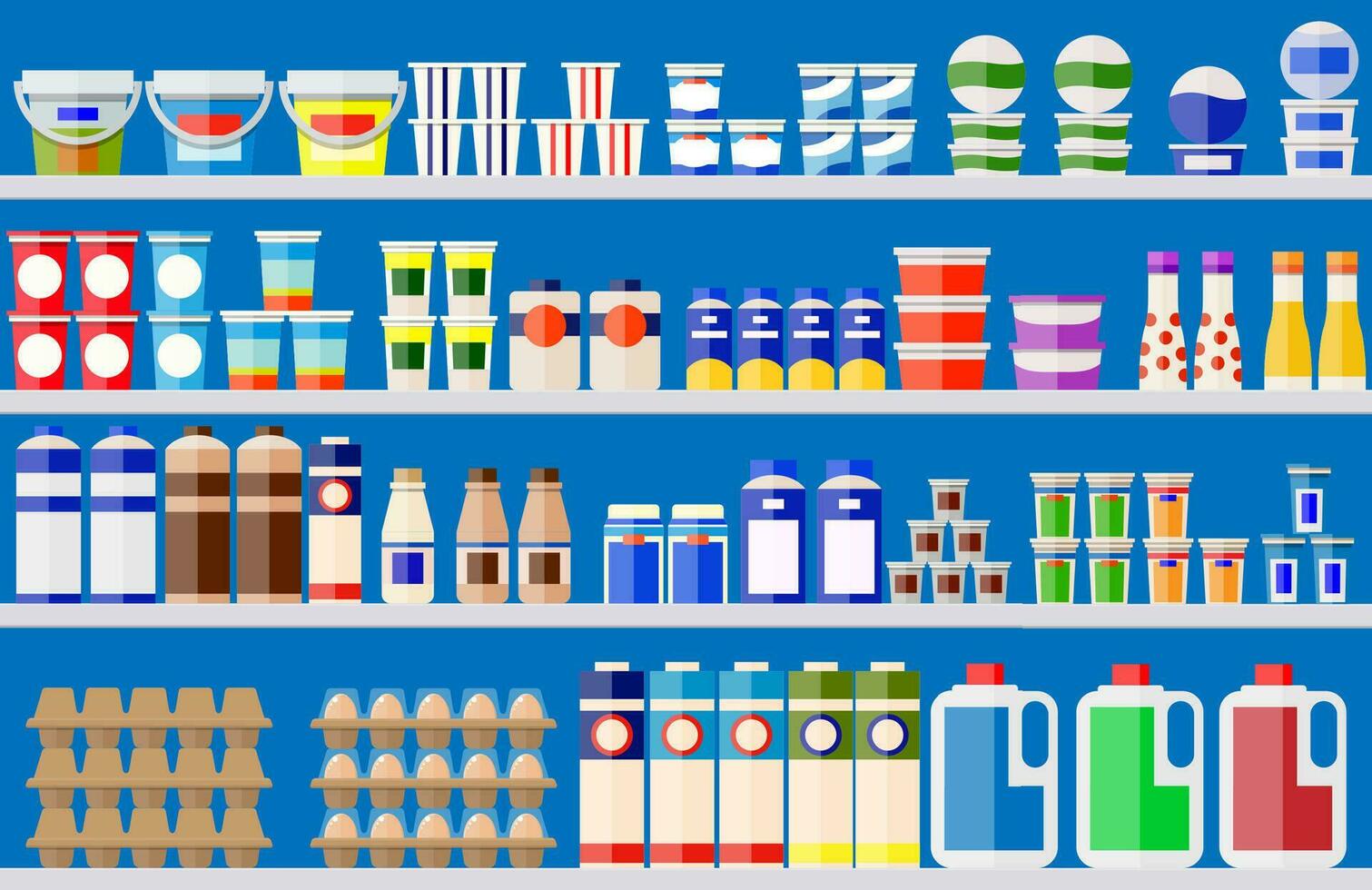 vitrine frigo pour refroidissement laitier des produits. différent coloré bouteilles et des boites dans réfrigérateur. réfrigérateur distributeur refroidissement machine. lait, yaourt, acide crème, des œufs. vecteur illustration dans plat style