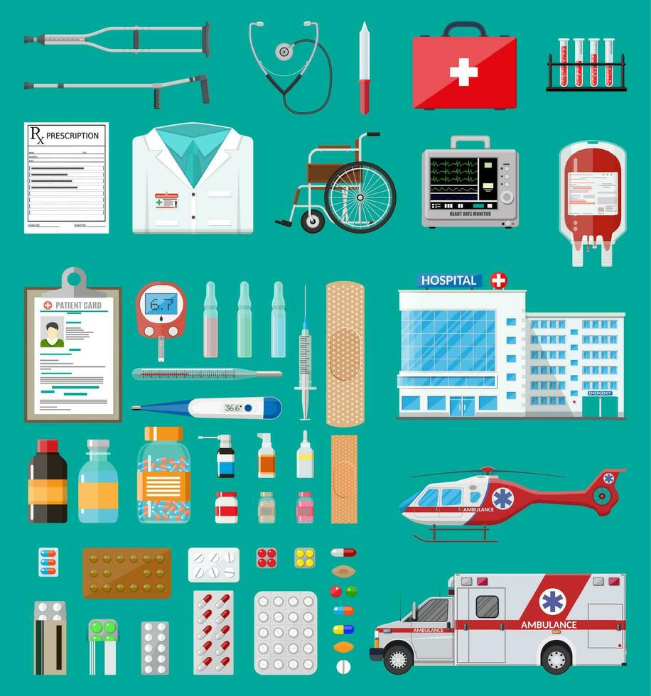 médicament pilules gélules, bouteilles et soins de santé dispositifs. ambulance voiture et hélicoptère, hôpital bâtiment. soins de santé, médical Diagnostique. urgence urgence prestations de service. vecteur illustration dans plat style