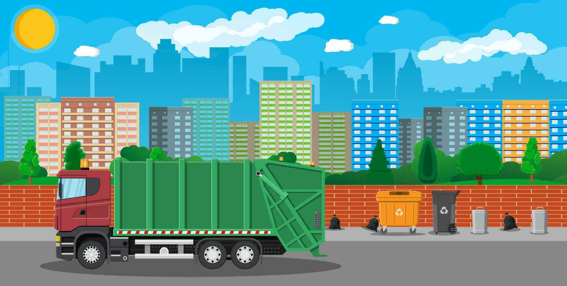 un camion pour assemblage et transport ordures. voiture déchets disposition. pouvez récipient, sac et seau pour ordures. recyclage et utilisation équipement. paysage urbain. vecteur illustration dans plat style