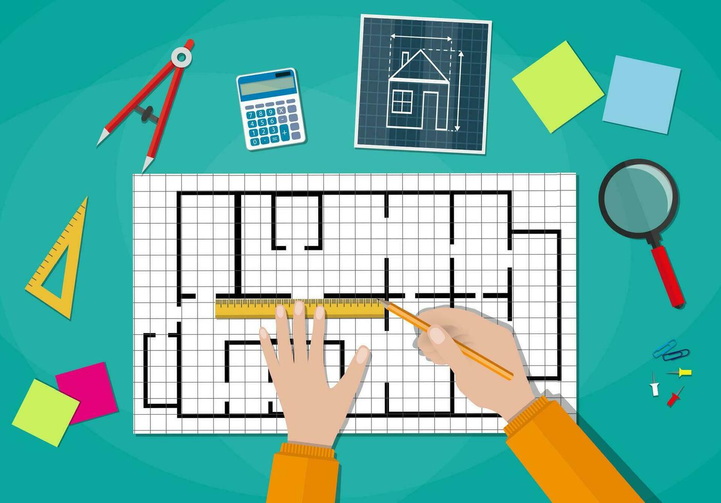 ingénieur mains travail sur plan. ingénierie dessin projet, esquisse bâtiment. ingénieur espace de travail. règle, calculatrice. vecteur illustration dans plat style sur vert Contexte