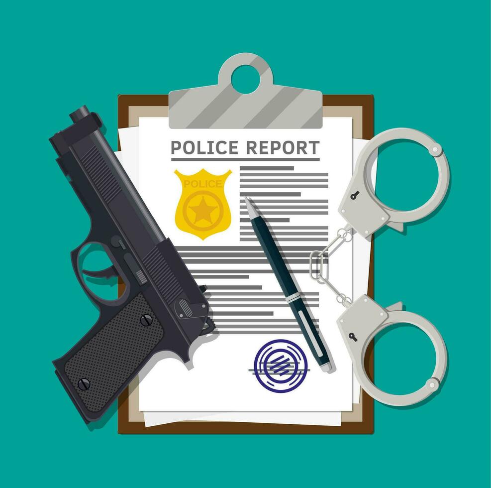 presse-papiers avec police rapport et stylo. rapport feuille avec or police badge. légal bien document et empiler de papiers avec timbre. pistolet pistolet et menottes. vecteur illustration dans plat style