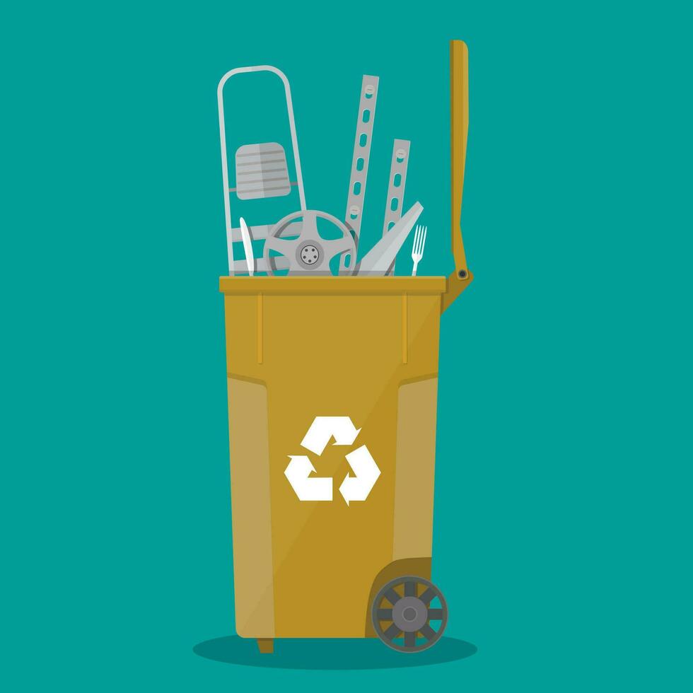 poubelle recycler poubelle récipient pour des ordures plein de métal et acier choses. poubelle pour métal. vecteur illustration dans plat conception