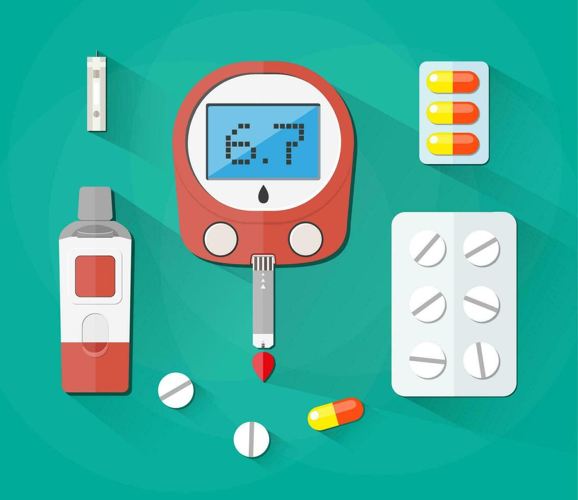 du sang glucose test, tester bande et pilules, Diabète ensemble. vecteur illustration dans plat style sur vert Contexte