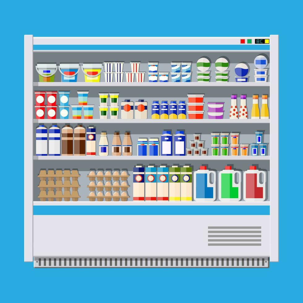 vitrine frigo pour refroidissement laitier des produits. différent coloré bouteilles et des boites dans réfrigérateur. réfrigérateur distributeur refroidissement machine. lait, yaourt, acide crème, des œufs. vecteur illustration dans plat style