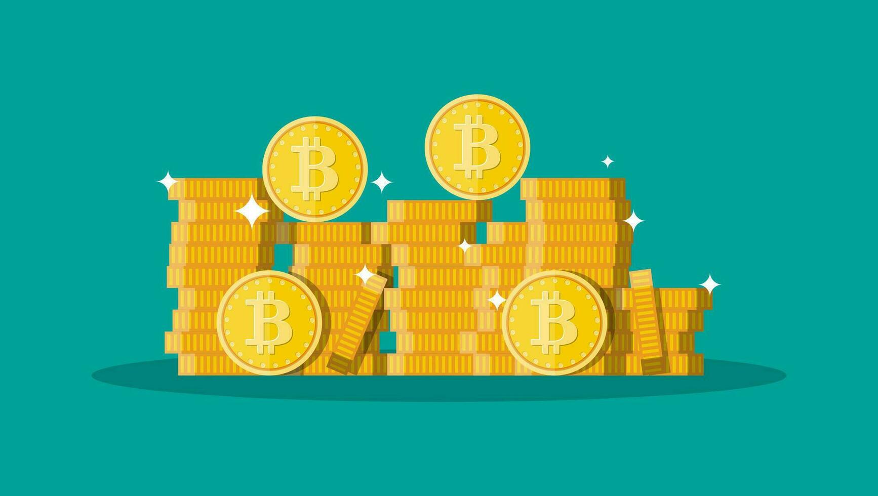 d'or pièce de monnaie avec bitcoin signe dans piles. argent et finance. numérique monnaie. virtuel argent, crypto-monnaie et numérique Paiement système. vecteur illustration dans plat style