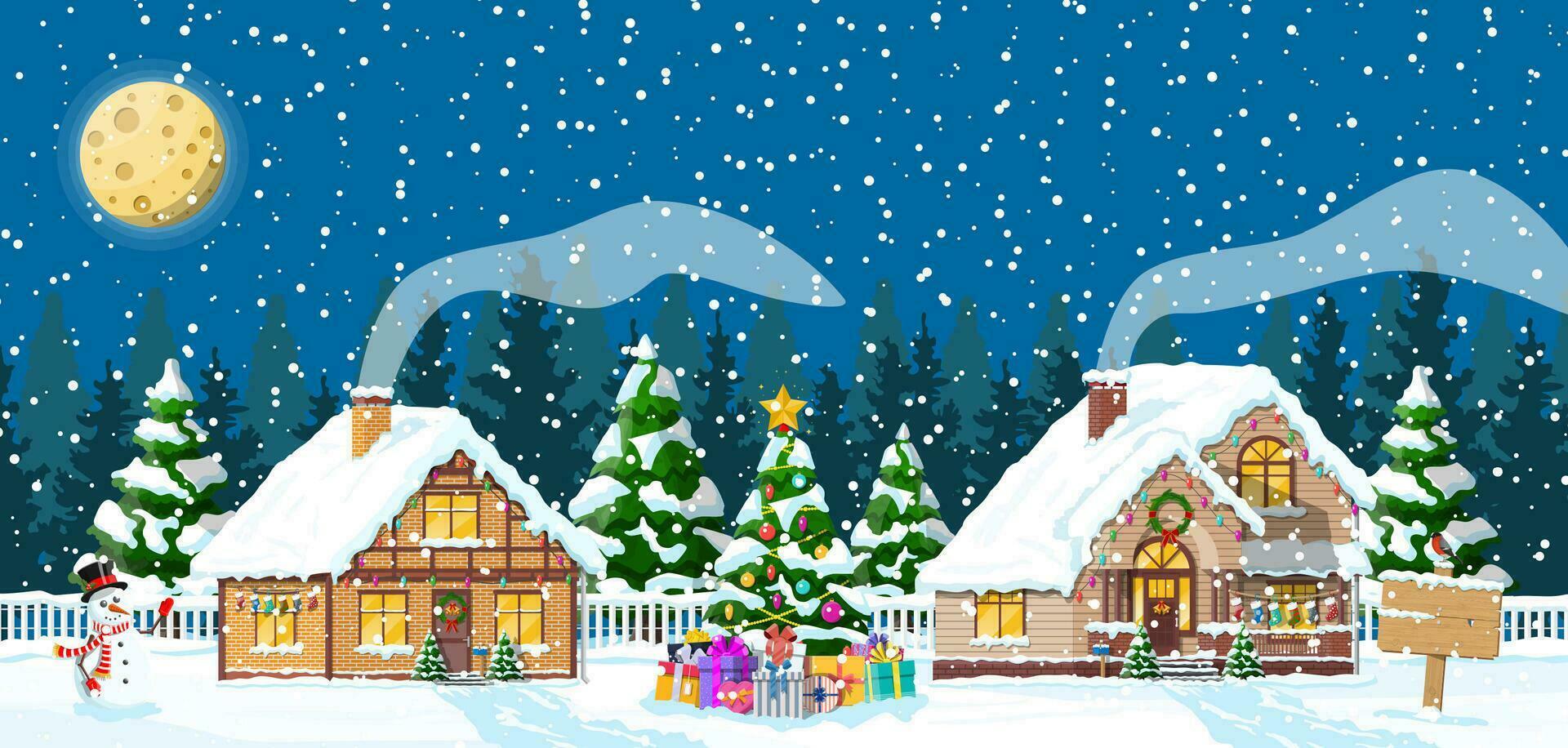 de banlieue Maisons couvert neige. bâtiment dans vacances ornement. Noël paysage arbre épicéa, bonhomme de neige. content Nouveau année décoration. joyeux Noël vacances. Nouveau année Noël fête. vecteur illustration