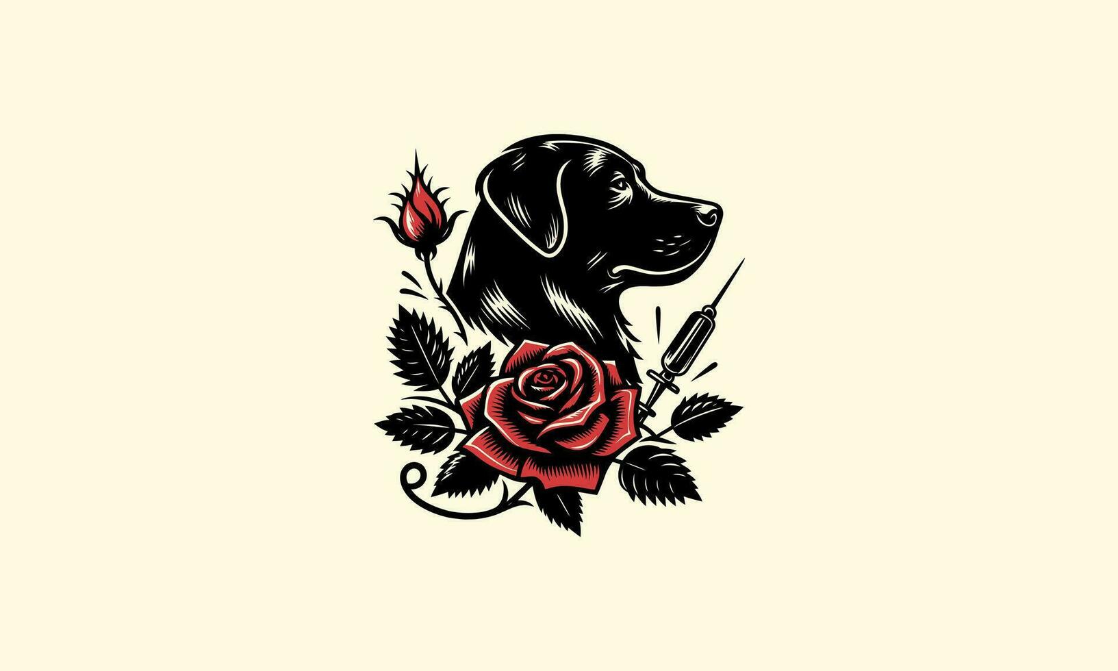 tête noir chien et rouge Rose vecteur tatouage conception