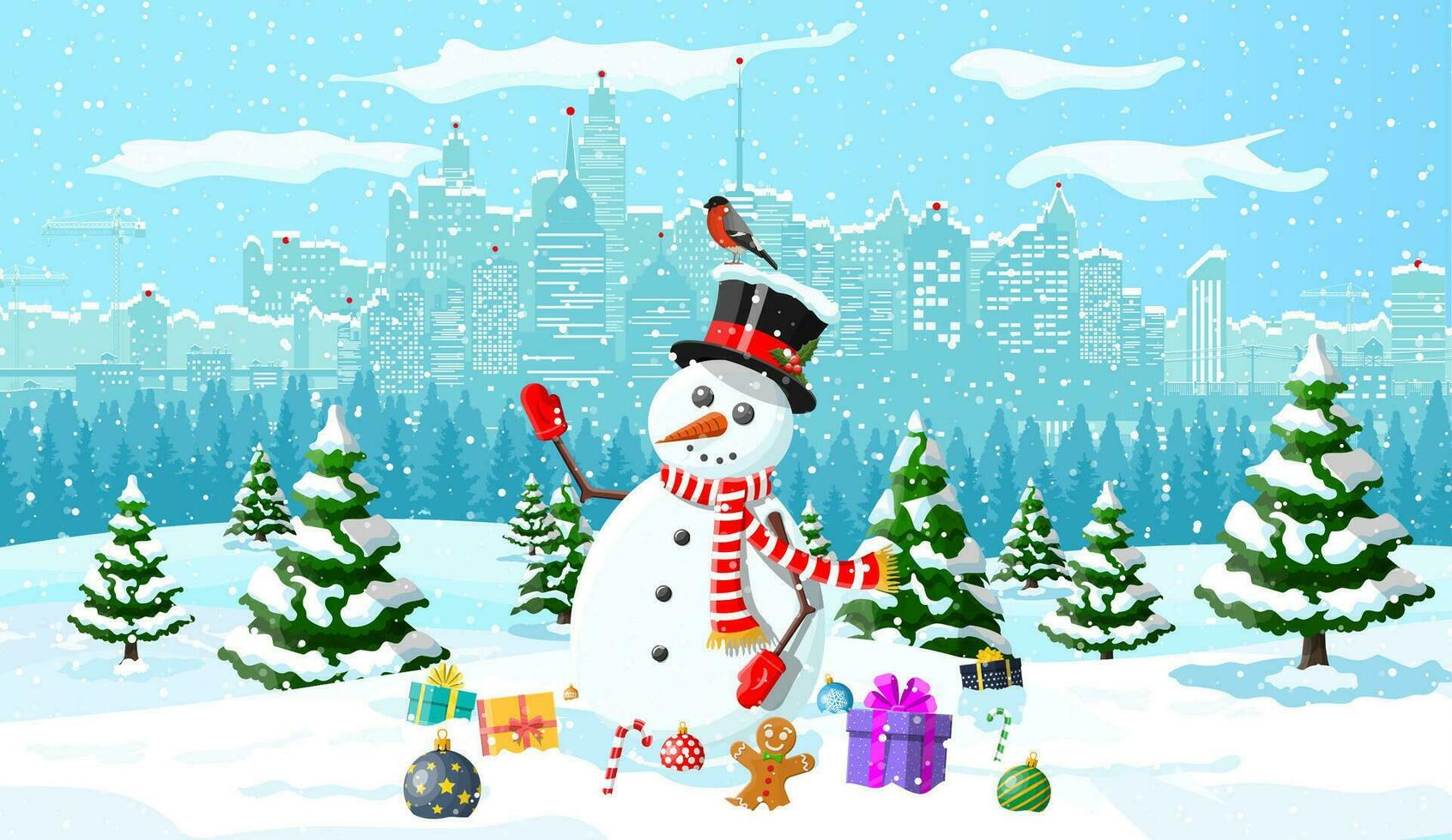 hiver Noël Contexte. bonhomme de neige, cadeaux, pin arbre et neige. Urbain hiver paysage urbain avec sapin des arbres forêt parc. content Nouveau année fête. Nouveau année Noël vacances. vecteur illustration plat style