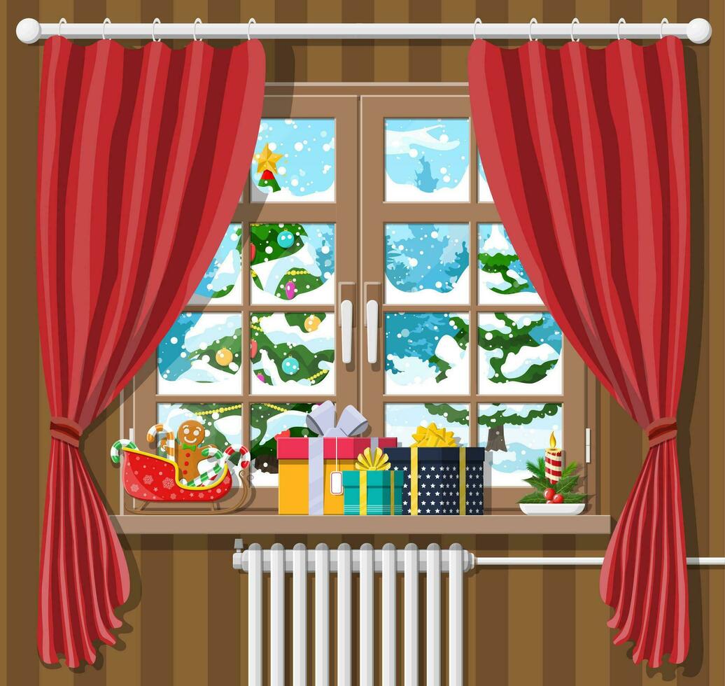 Noël paysage avec forêt dans la fenêtre. intérieur de pièce avec cadeaux. content Nouveau année décoration. joyeux Noël vacances. Nouveau année et Noël fête. vecteur illustration plat style