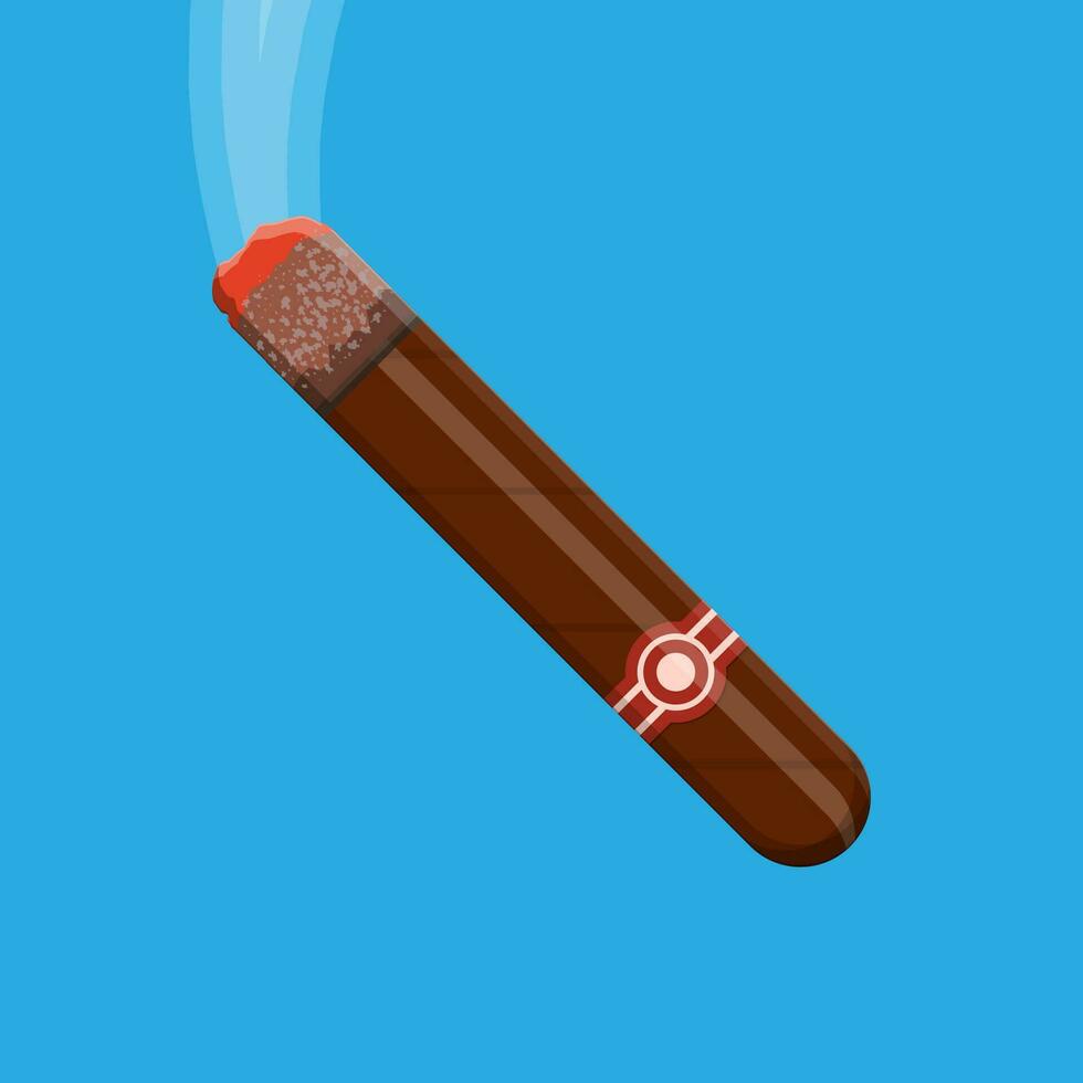 fumeur cigare. marron Cuba cigare avec étiqueter. tabac industrie. cigarette isolé sur bleu. vecteur illustration dans plat style