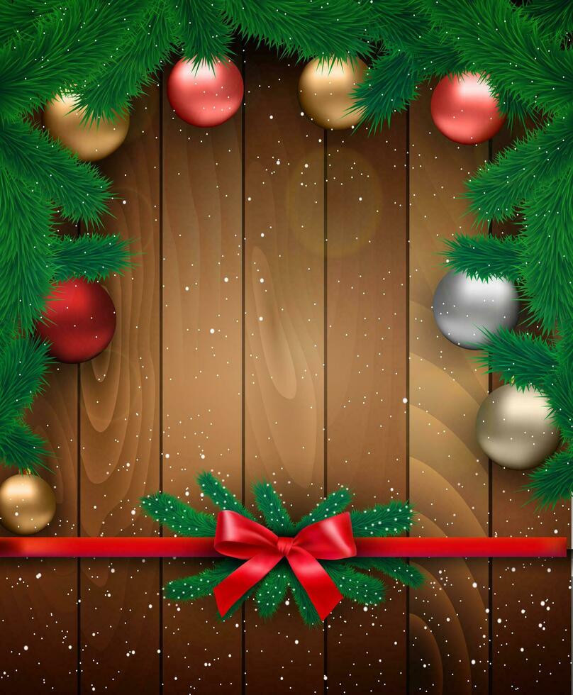 Noël carte avec rouge , or et argent verre des balles, fourrure branches à en bois Contexte avec neige et rouge arc ruban, vecteur illustration, modèle pour salutation et postal carte.