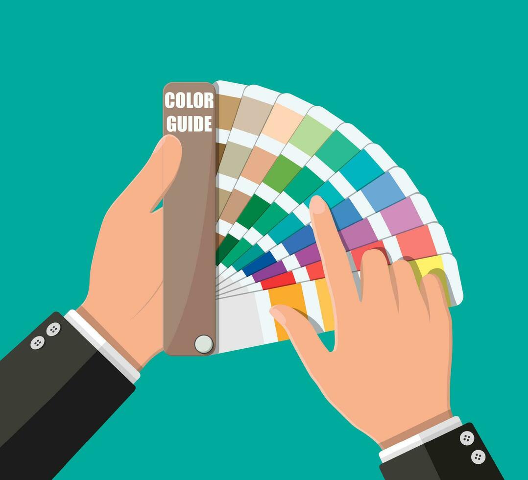 Couleur échantillon. Couleur palette guider dans main. coloré escalader. arc en ciel outil pour designer, photographe, artiste. coloré échantillons catalogue, livre, pantone. vecteur illustration dans plat style