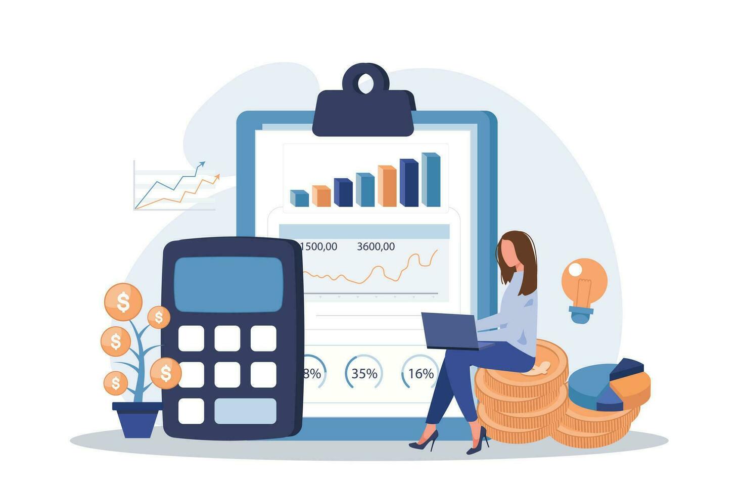 femme comptable. déclaration analyse, budget planification, Tenue de livre compte opération, financier Audit. femme travail sur le revenu statistiques. plat conception moderne illustration vecteur