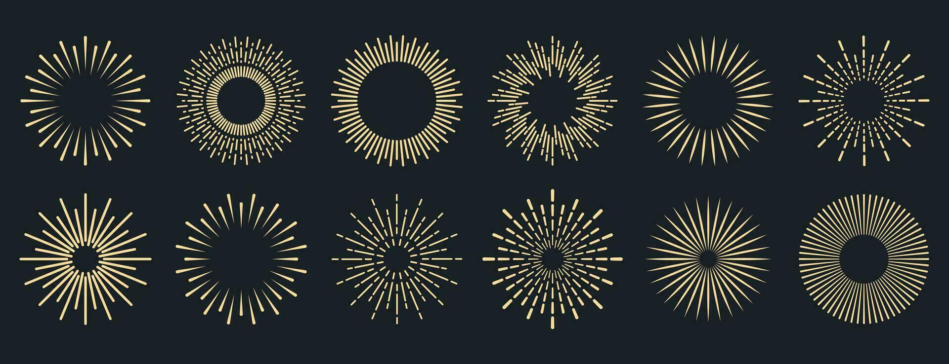 sunburst collection. radial le coucher du soleil poutres. éclatement d'or Soleil des rayons. feux d'artifice. logotype ou caractères conception élément. plat vecteur illustration.