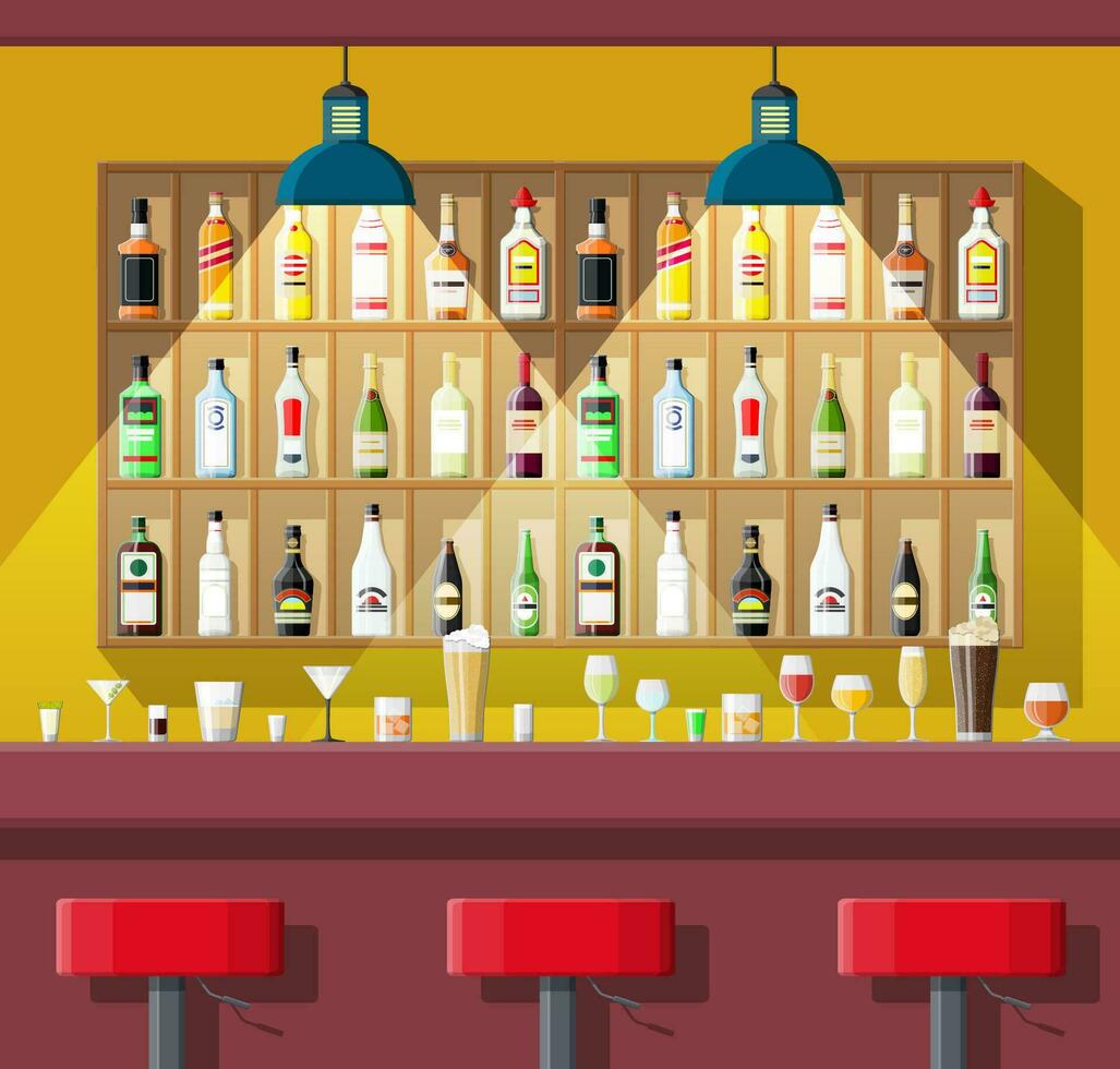 en buvant établissement. intérieur de pub, café ou bar. bar comptoir, chaises et étagères avec de l'alcool bouteilles. lunettes, lampe. en bois et brique décor. vecteur illustration dans plat style