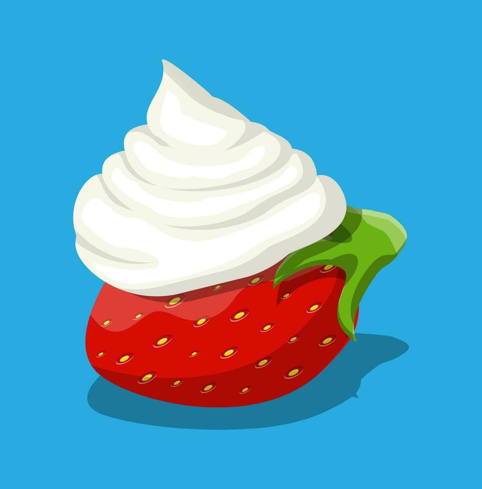 mûr fraise et fouetter crème. Lait dessert. sucré fruit. Frais fraise avec vert feuilles. biologique en bonne santé aliments. vecteur illustration dans plat style