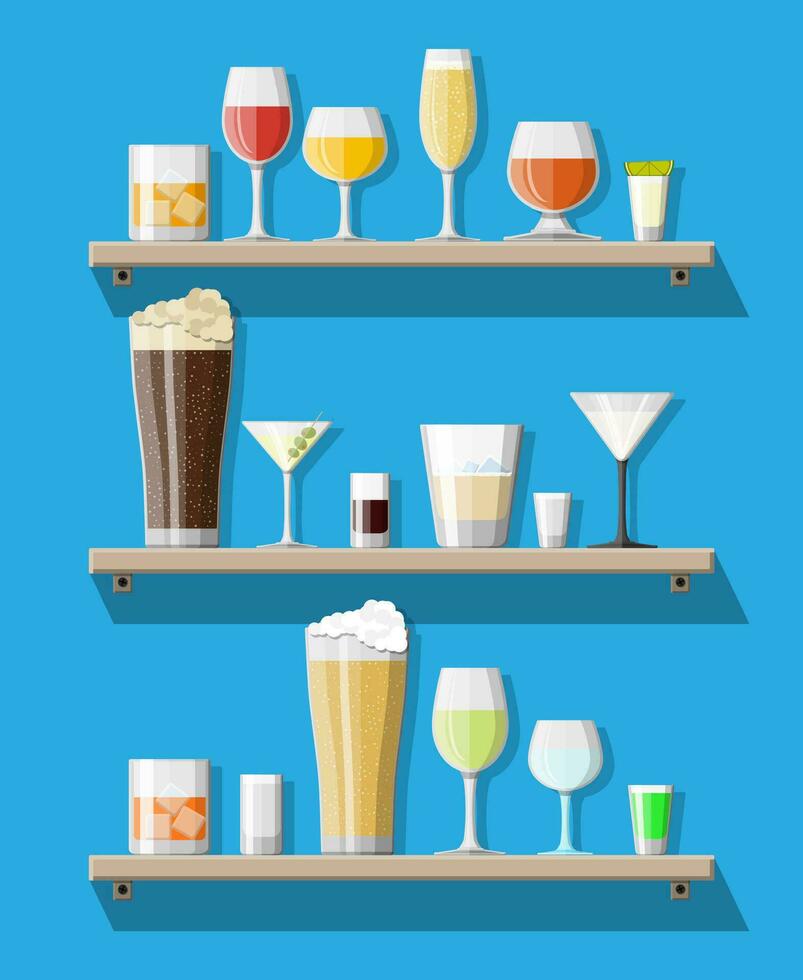 de l'alcool les boissons collection dans des lunettes sur étagères. Vodka Champagne du vin whisky Bière Cognac Tequila Cognac alcool Vermouth Gin Rhum Absinthe Sambuca Cidre Bourbon. vecteur illustration dans plat style.