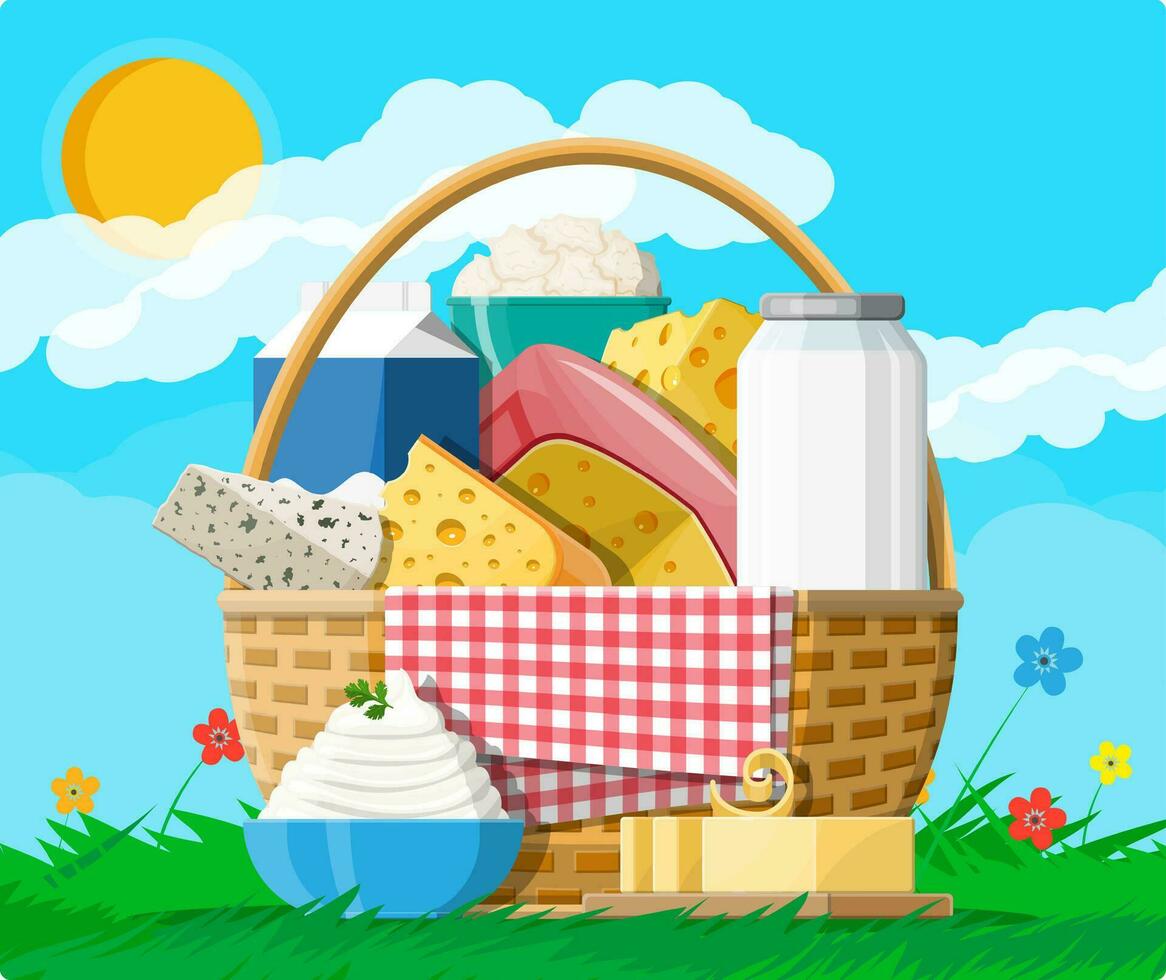 laitier des produits ensemble dans panier. collection de Lait aliments. lait, fromage, beurre, acide crème, chalet, crème. la nature herbe fleurs nuage et Soleil. tradicional ferme des produits. vecteur illustration plat style