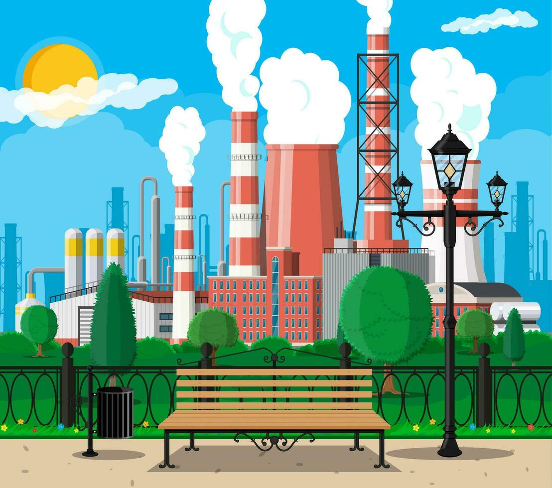 usine bâtiment et ville parc. industriel usine, Puissance plante. tuyaux, bâtiments, entrepôt, espace de rangement réservoir. paysage urbain Urbain horizon avec des nuages, des arbres et Soleil. vecteur illustration dans plat style