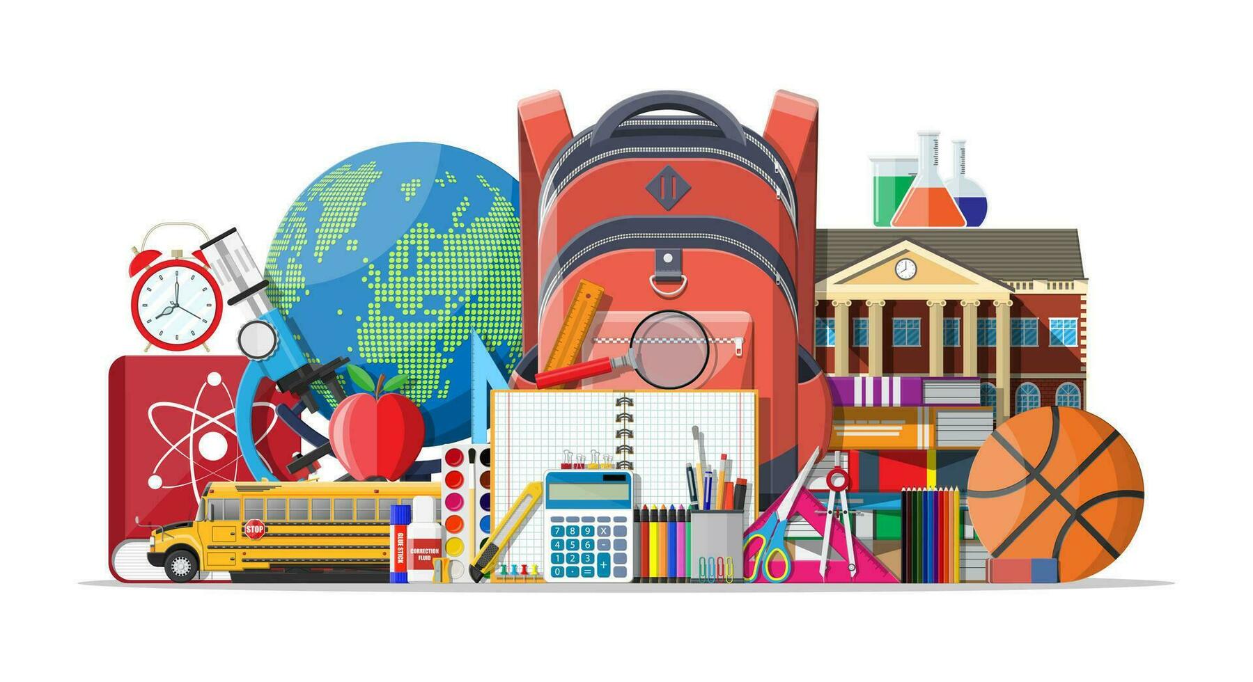 gros école ensemble. différent école fournitures, papeterie. Remarque globe peindre crayon stylo calculatrice sac à dos l'horloge les ciseaux Balle Pomme bâtiment bus scolaire règle atome. vecteur illustration dans plat style