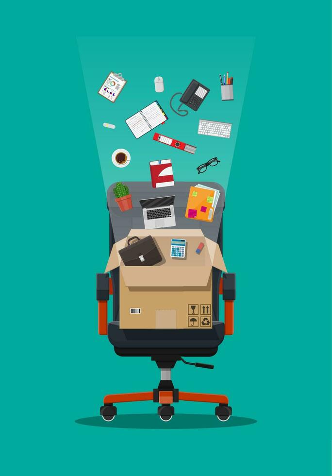 Bureau chaise et boîte avec Bureau marchandises. embauche et recrutement. Humain Ressources la gestion concept, recherche professionnel personnel, travail. a trouvé droite CV. vecteur illustration dans plat style