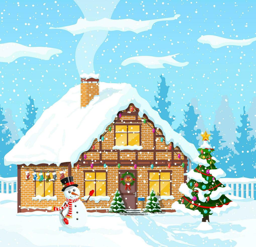 de banlieue maison couvert neige. bâtiment dans vacances ornement. Noël paysage arbre épicéa, bonhomme de neige. content Nouveau année décoration. joyeux Noël vacances. Nouveau année Noël fête. vecteur illustration