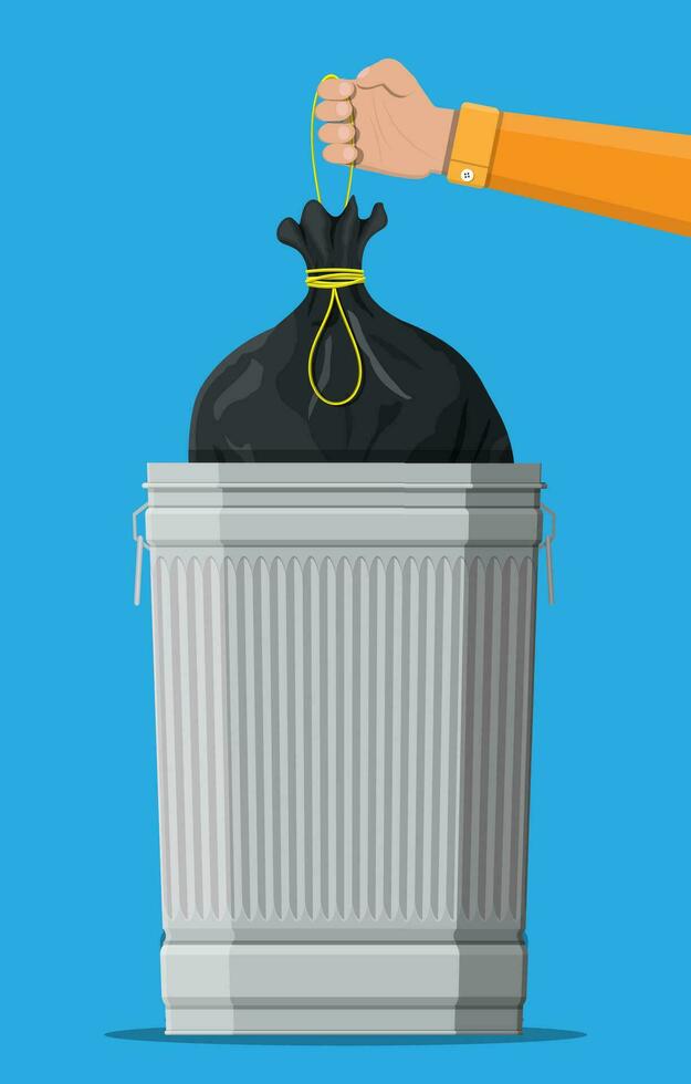 énorme déchets poubelle pouvez isolé sur bleu. main avec sac pour ordures. métal seau. des ordures recyclage et utilisation équipement. déchets gestion. vecteur illustration dans plat style