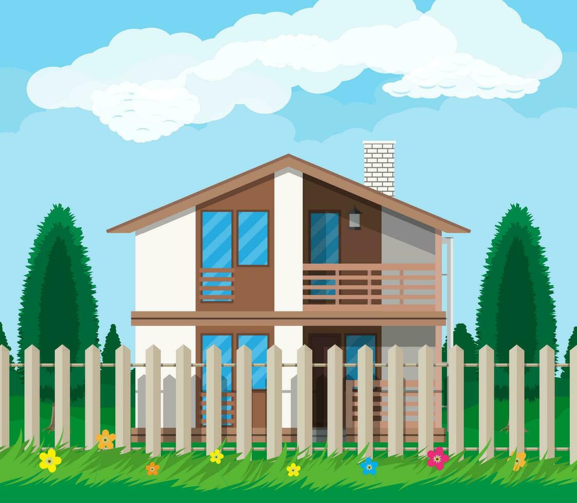 privé de banlieue maison avec clôture, des arbres, ciel et des nuages. vecteur illustration dans plat style