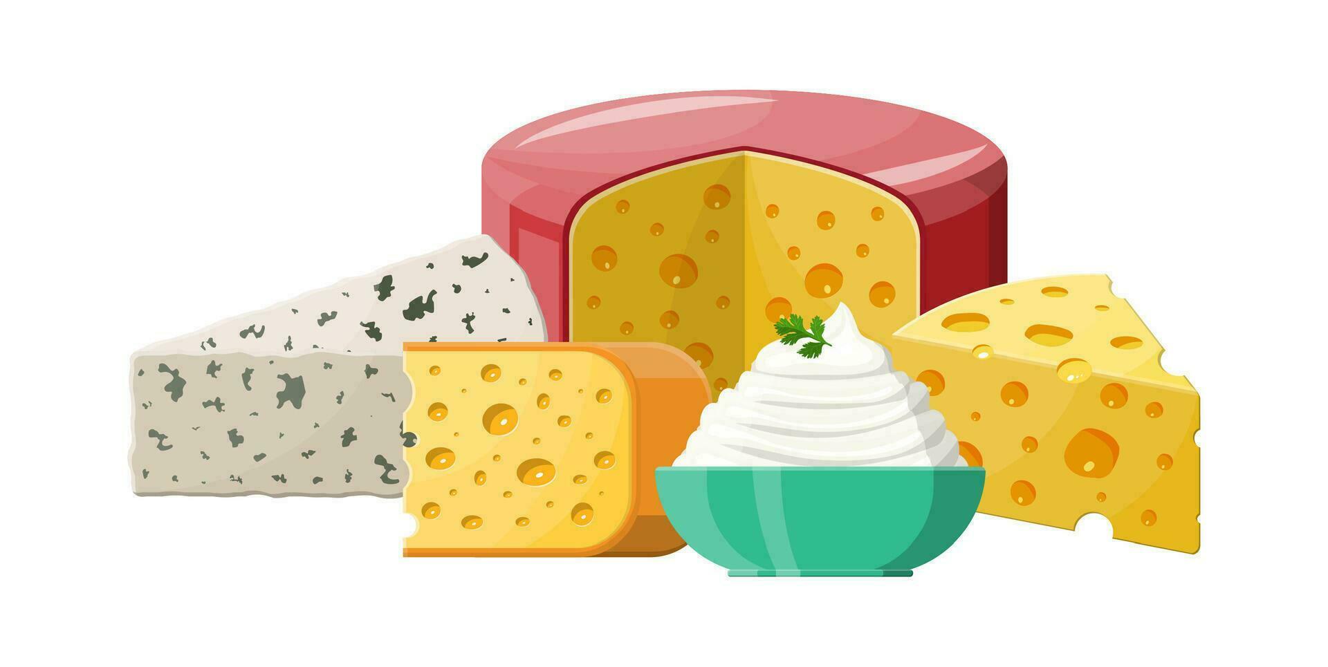 ensemble de Lait fromage des produits. entier et pièce de fromage chalet isolé sur blanche. Lait laitier produit. biologique en bonne santé aliments. vecteur illustration dans plat style