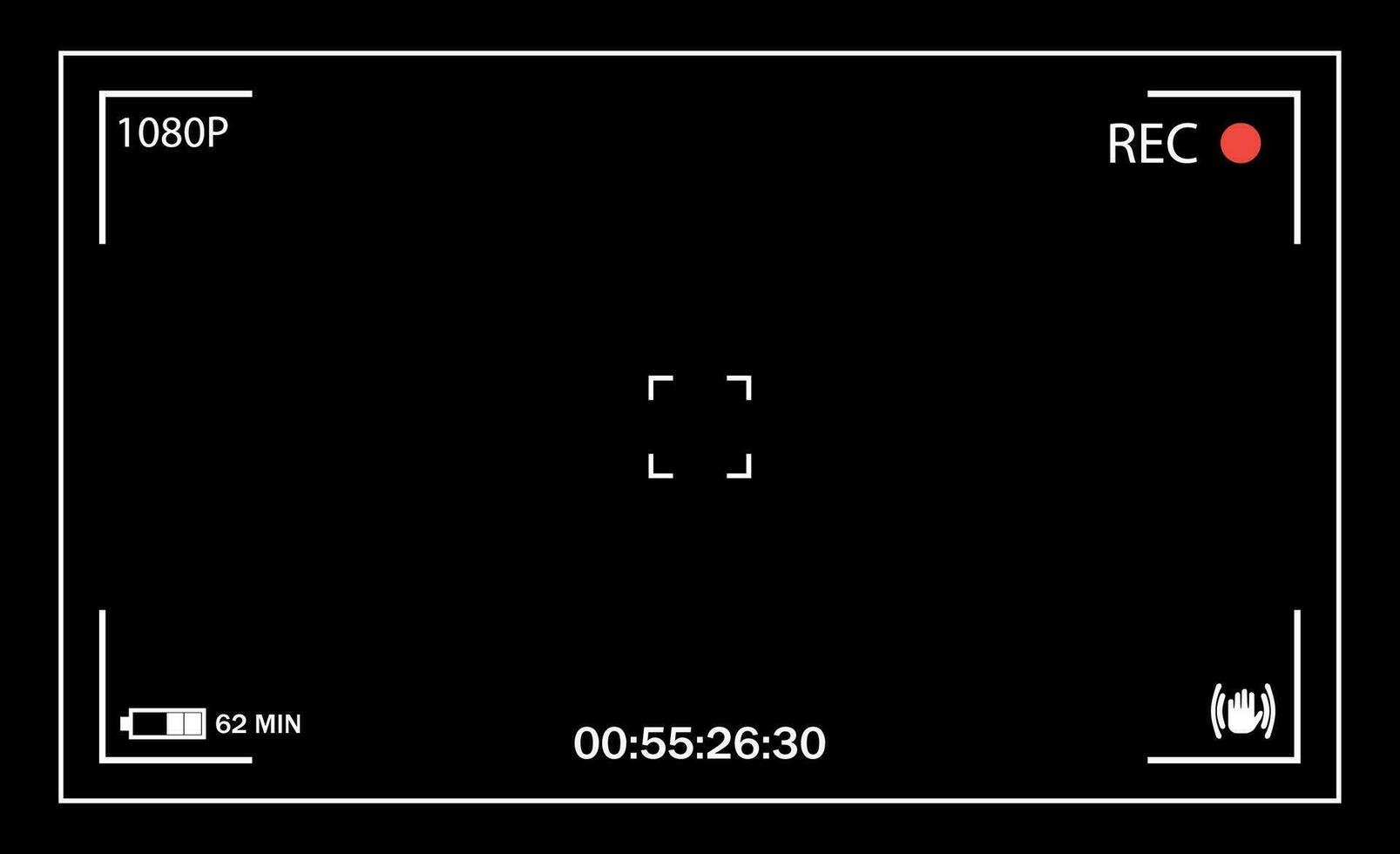 balck utilisateur interface de caméra viseur. se concentrer écran dans le centre de caméra dans enregistrement temps. batterie statut, vidéo qualité, image stabilisation Icônes. vecteur illustration